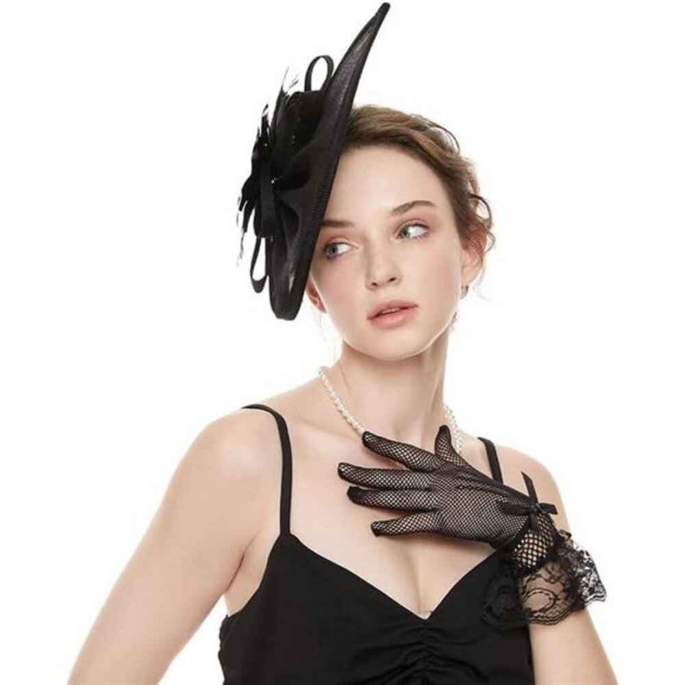 Fascinator Hat Veil Feather Fascinator Tea Party Black Hat&glove - Picture 4 of 6